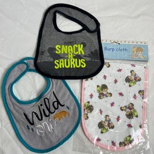 Vtg. Precious Moments Baby burp cloth and baby bibs bundle.